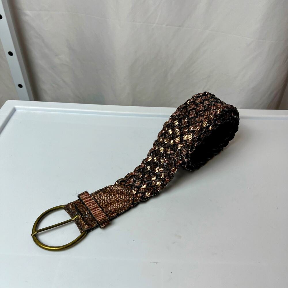 Sparkly Gold Bronze Woven Belt 39” x 2” Glam Party Y2K Retro Disco Shimmering